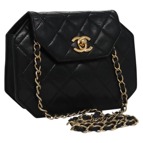 CHANEL Matelasse Chain Shoulder Bag Lamb Skin Black Gold CC - Picture 1 of 16